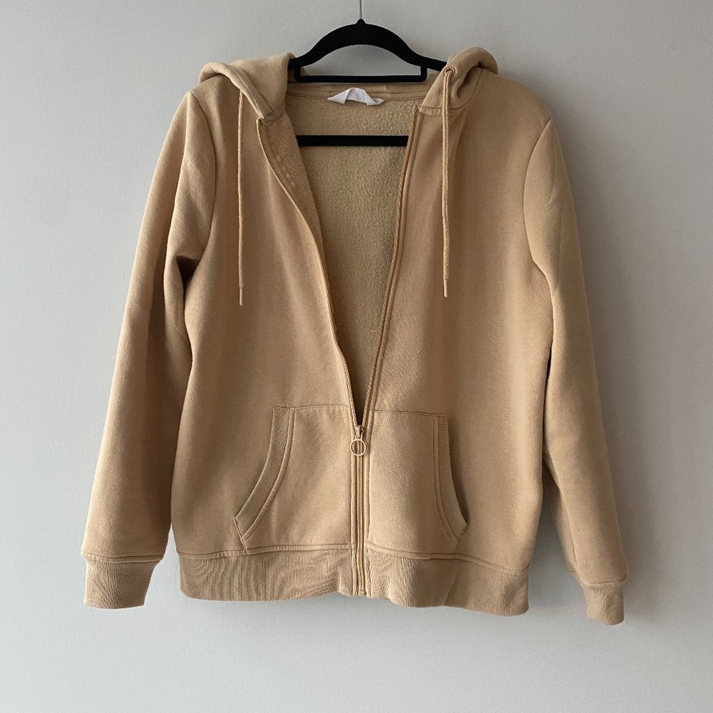 Zip Up Hoodie Beige / Tan with Elastic Drawstring Worn Once